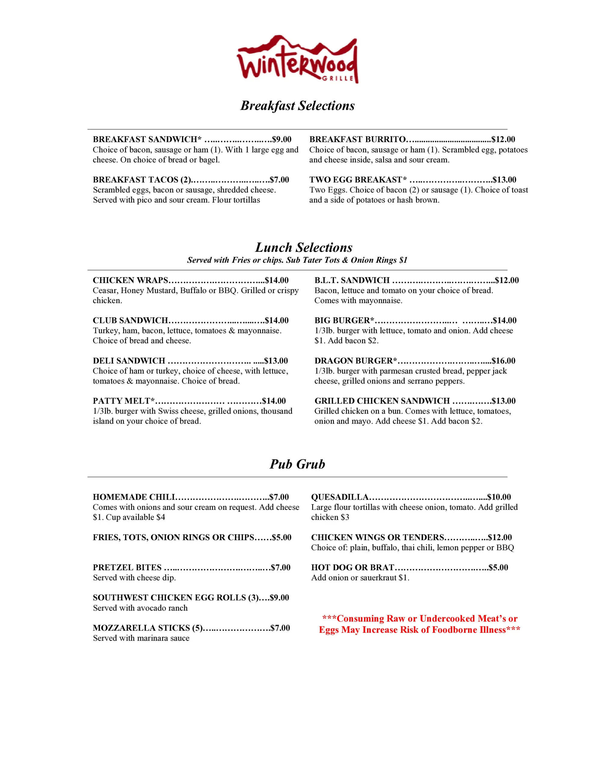 Winterwood Grill menu October 2026